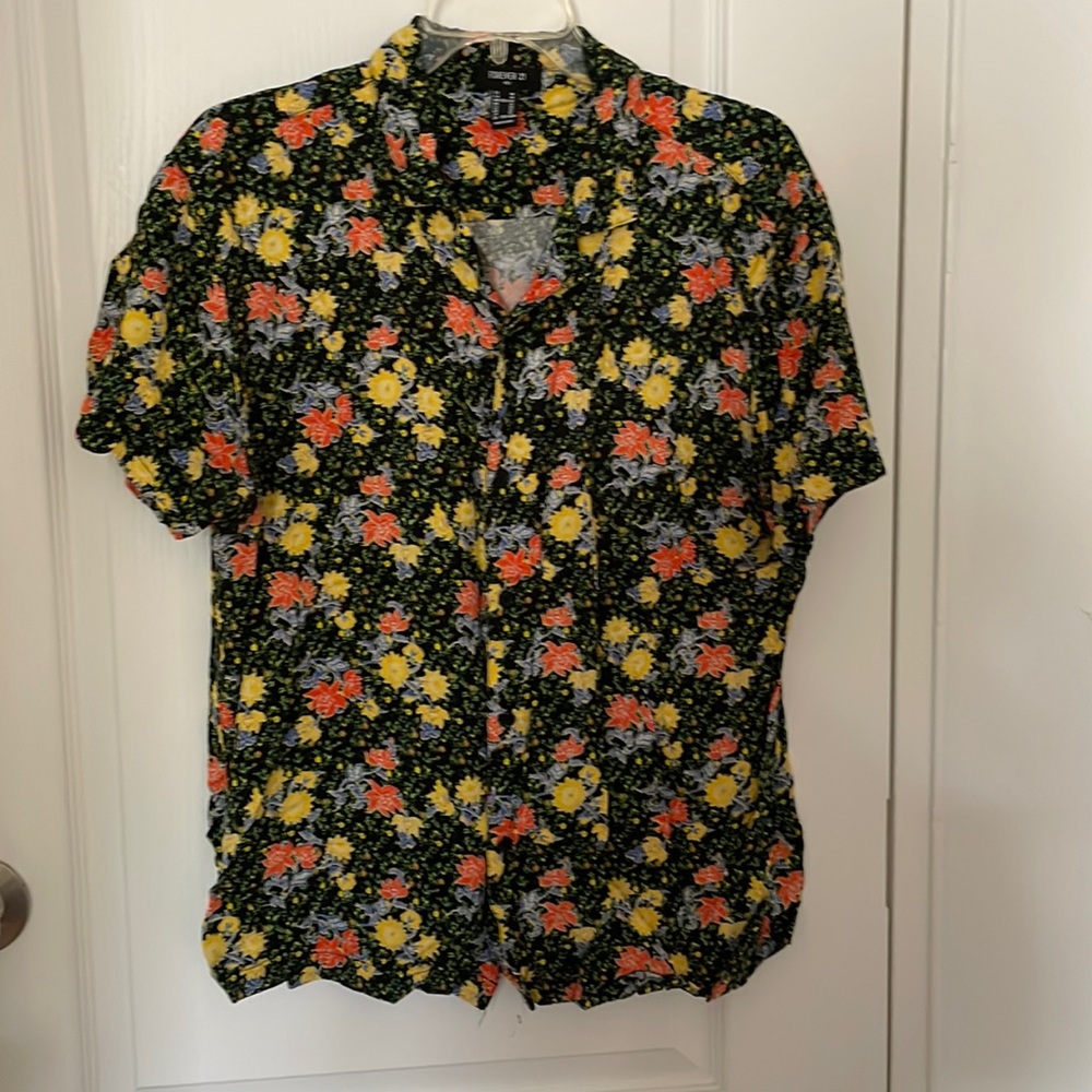 Black Flower print button down short sleeve shirt